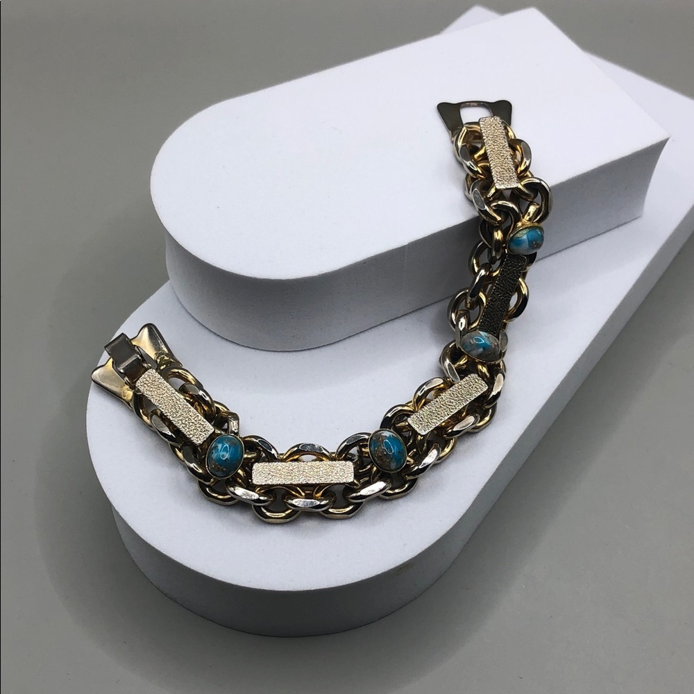 Vintage mixed metal chain turquoise like stones cabochon bracelet UNISEX